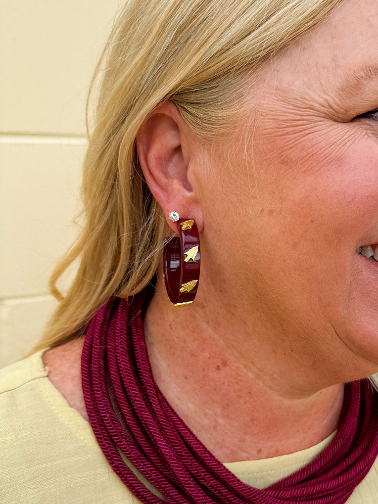 Garnet resin hoop earrings with gold FSU logo charm