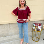 Garnet square neck woven top with white contrast tape on neckline and hem—lightweight and stylish for FSU gameday