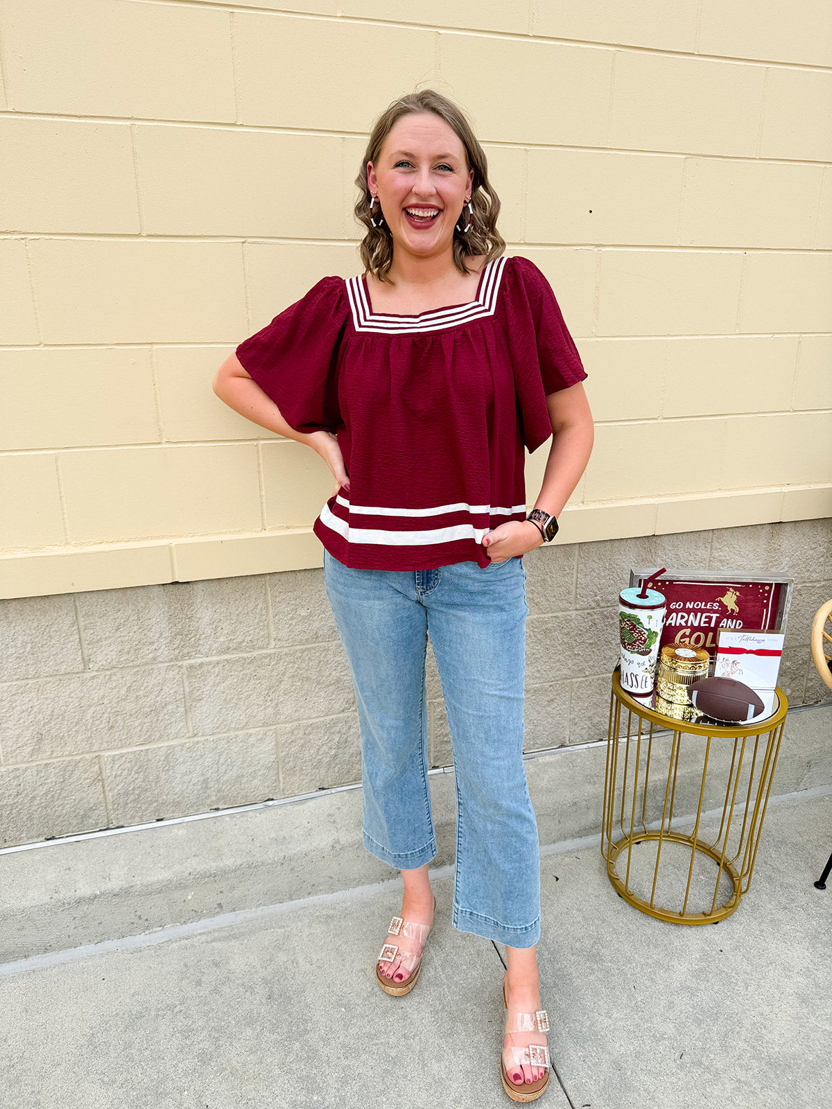 Garnet square neck woven top with white contrast tape on neckline and hem—lightweight and stylish for FSU gameday