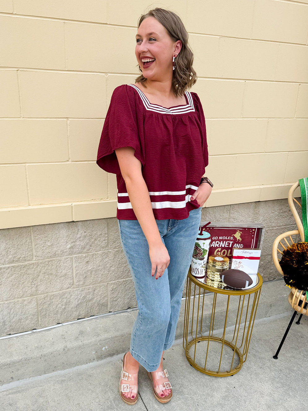 Garnet square neck woven top with white contrast tape on neckline and hem—lightweight and stylish for FSU gameday