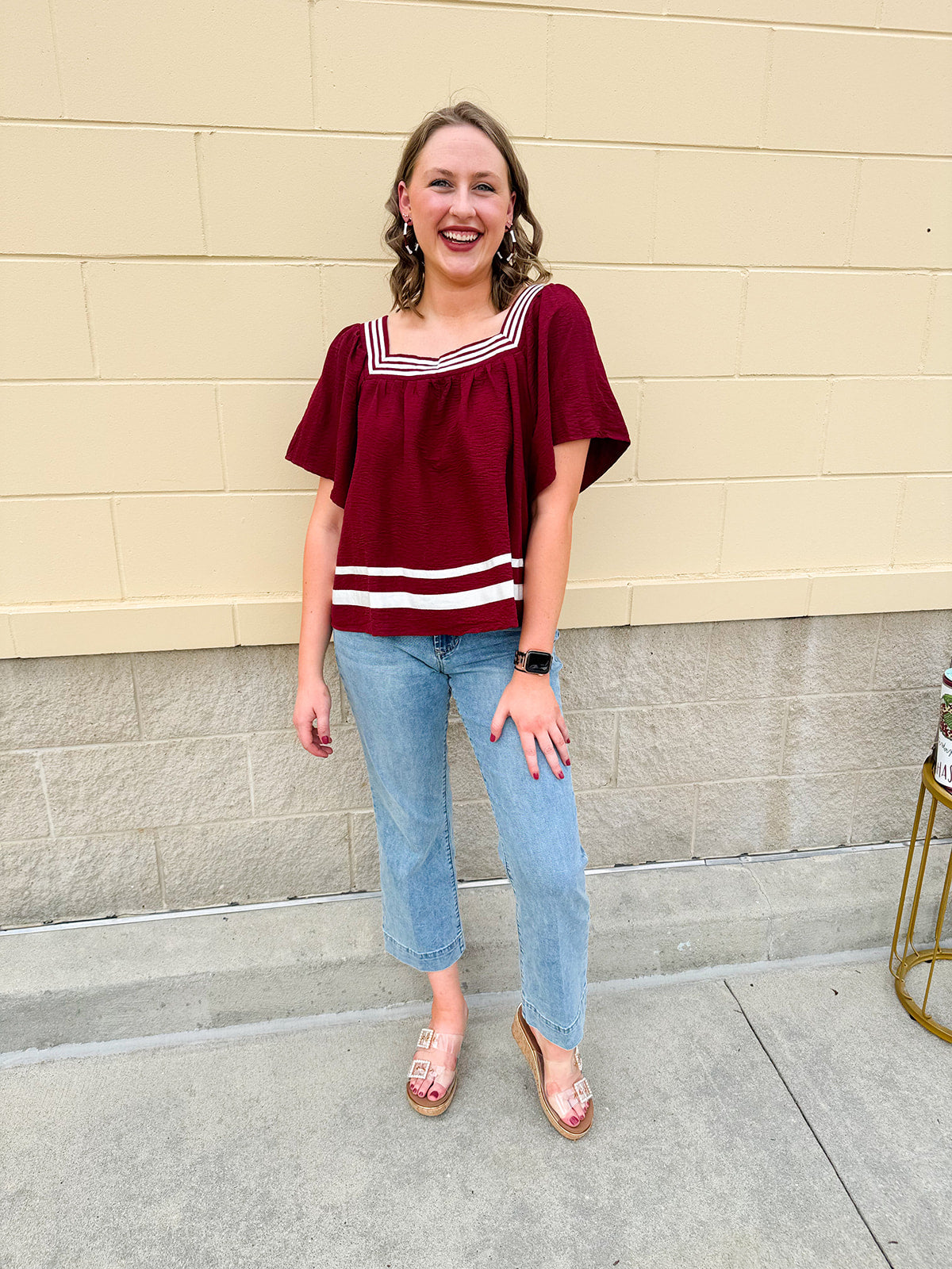 Garnet square neck woven top with white contrast tape on neckline and hem—lightweight and stylish for FSU gameday