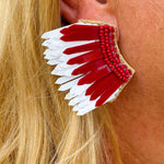 Garnet and white feather-inspired earrings with layered plastic design and beaded side detailing—lightweight and perfect for Gameday.