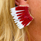 Garnet and white feather-inspired earrings with layered plastic design and beaded side detailing—lightweight and perfect for Gameday.