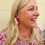 Garnet and white feather-inspired earrings with layered plastic design and beaded side detailing—lightweight and perfect for Gameday.