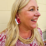 Garnet and white feather-inspired earrings with layered plastic design and beaded side detailing—lightweight and perfect for Gameday.