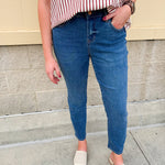 Mid-rise ankle slim straight jeans in a medium wash with clean hem—classic, flattering fit perfect for everyday wear