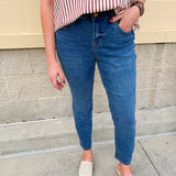 Mid-rise ankle slim straight jeans in a medium wash with clean hem—classic, flattering fit perfect for everyday wear