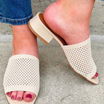 Cream knit-style leather heels with square toe and block heel