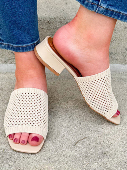 Cream knit-style leather heels with square toe and block heel