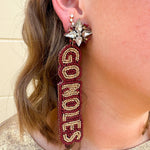  Garnet and gold hand beaded earrings with “Go Noles” lettering and crystal cluster studs, perfect for FSU fans.