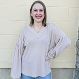 Warm Embrace Oatmeal Ribbed V-Neck Knit Top