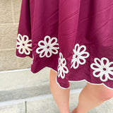 Garnet embroidered mini dress with puff sleeves, square neck, floral detailing, and scalloped hem—perfect for FSU gameday