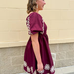 Garnet embroidered mini dress with puff sleeves, square neck, floral detailing, and scalloped hem—perfect for FSU gameday