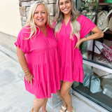 {FINAL SALE} Town Square V-Neck Tiered Hot Pink Dress - Curvy