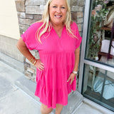 {FINAL SALE} Town Square V-Neck Tiered Hot Pink Dress - Curvy