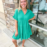 Town Square V-Neck Tiered Emerald Dress