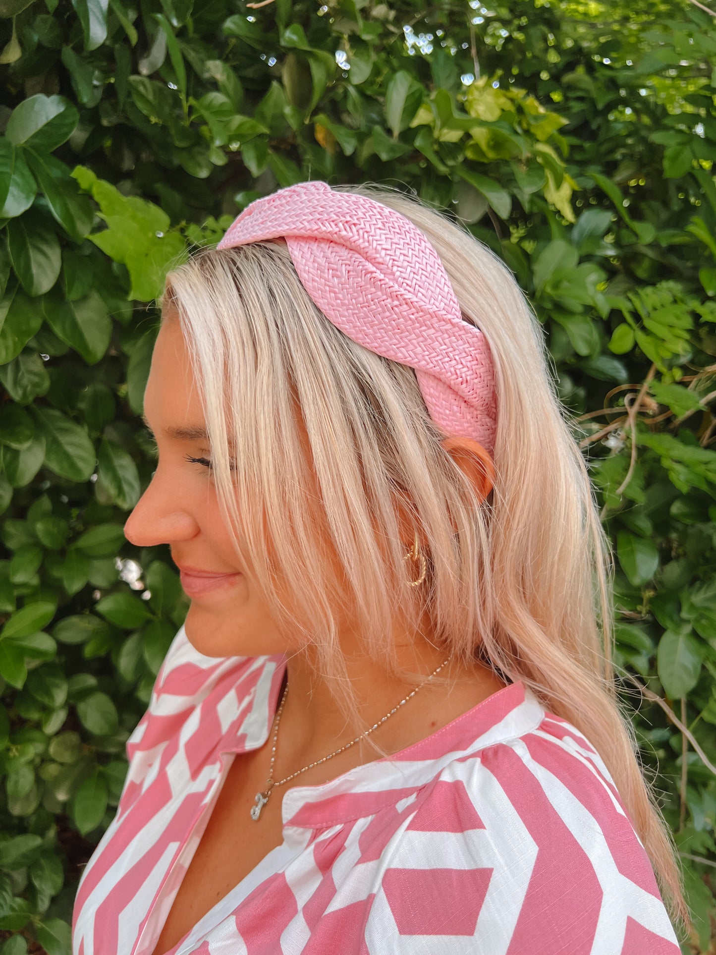 Braided Raffia Headband-Light Pink | Styled View