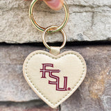 Gold heart-shaped purse charm with garnet FSU logo and gold-toned hardware, ideal for bags or keys.