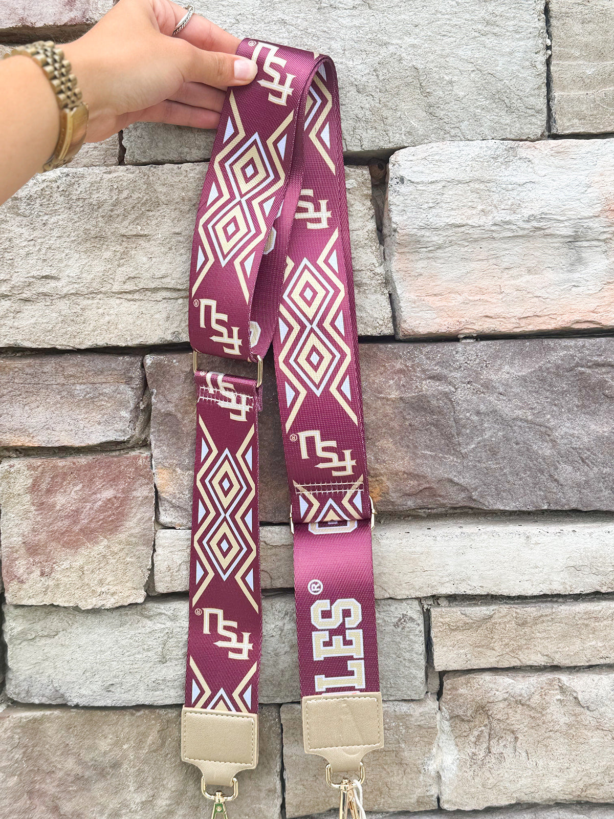 Garnet ikat patterned adjustable purse strap with FSU and Go Noles lettering, designed for clear and everyday bags.