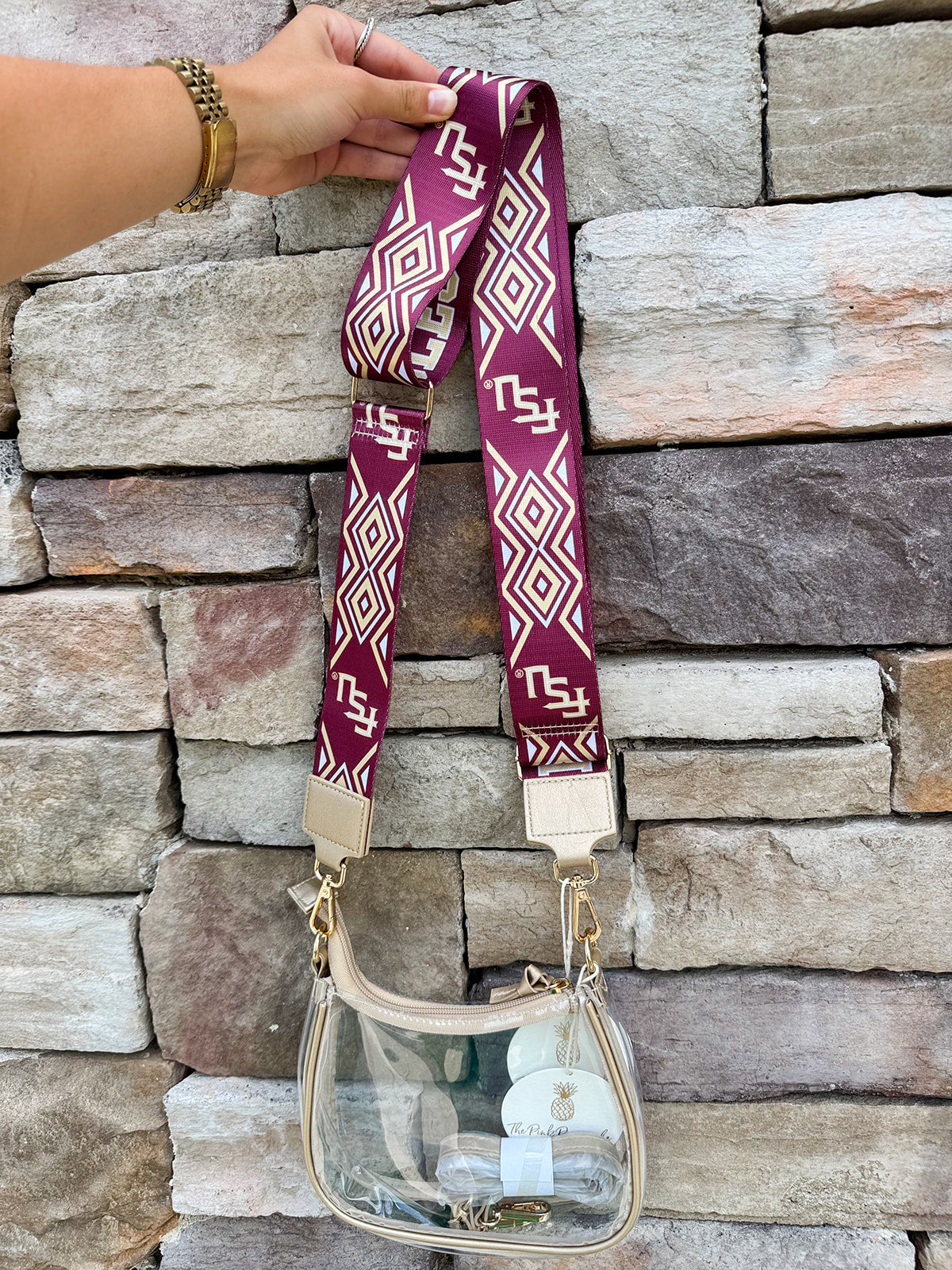 Garnet ikat patterned adjustable purse strap with FSU and Go Noles lettering, designed for clear and everyday bags.