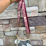 Garnet and gold printed purse strap with FSU and Go Noles lettering, reversible design with brass hardware.