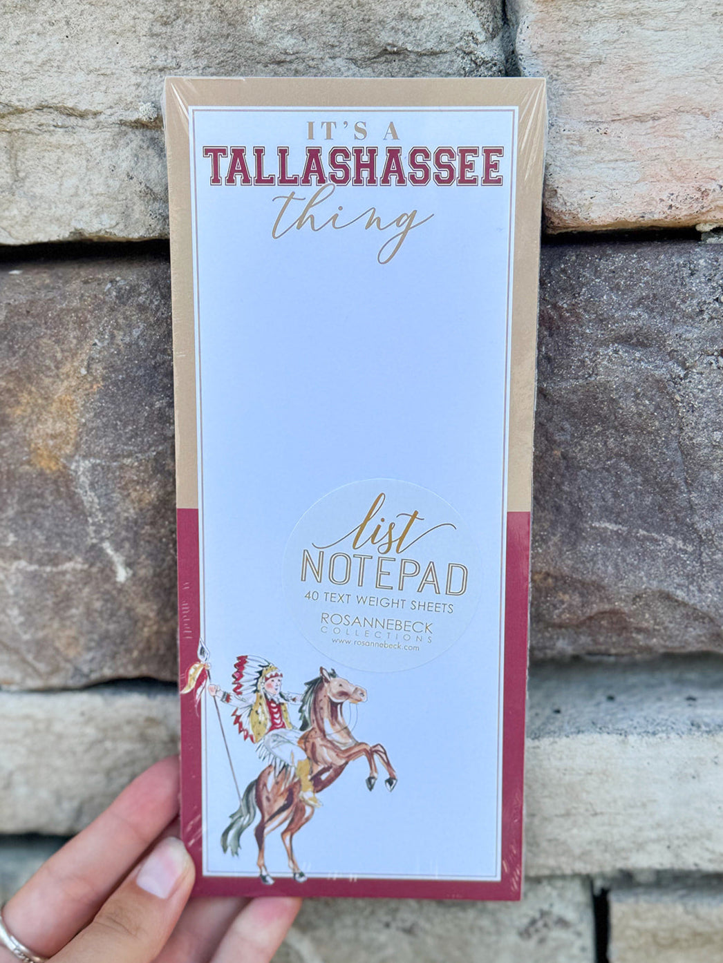 Skinny notepad with “It’s a Tallahassee Thing” text, Osceola and Renegade artwork, and garnet and gold painted edges