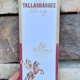 Skinny notepad with “It’s a Tallahassee Thing” text, Osceola and Renegade artwork, and garnet and gold painted edges