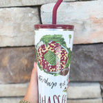 Swig brand 32oz insulated straw tumbler featuring custom Tallahassee game day illustrations, with lid and straw