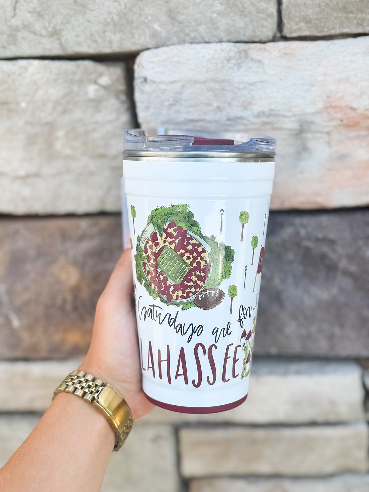 Swig brand 24oz insulated party cup featuring custom Tallahassee game day illustrations and a sliding lid
