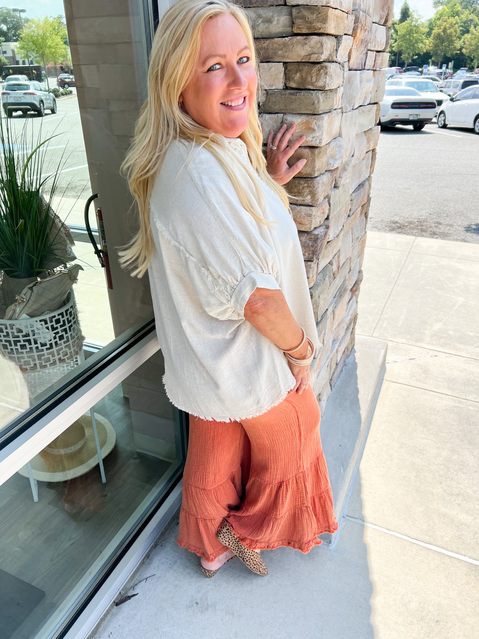 Magic Melody Linen Button Down Top-Plus Size | Side View