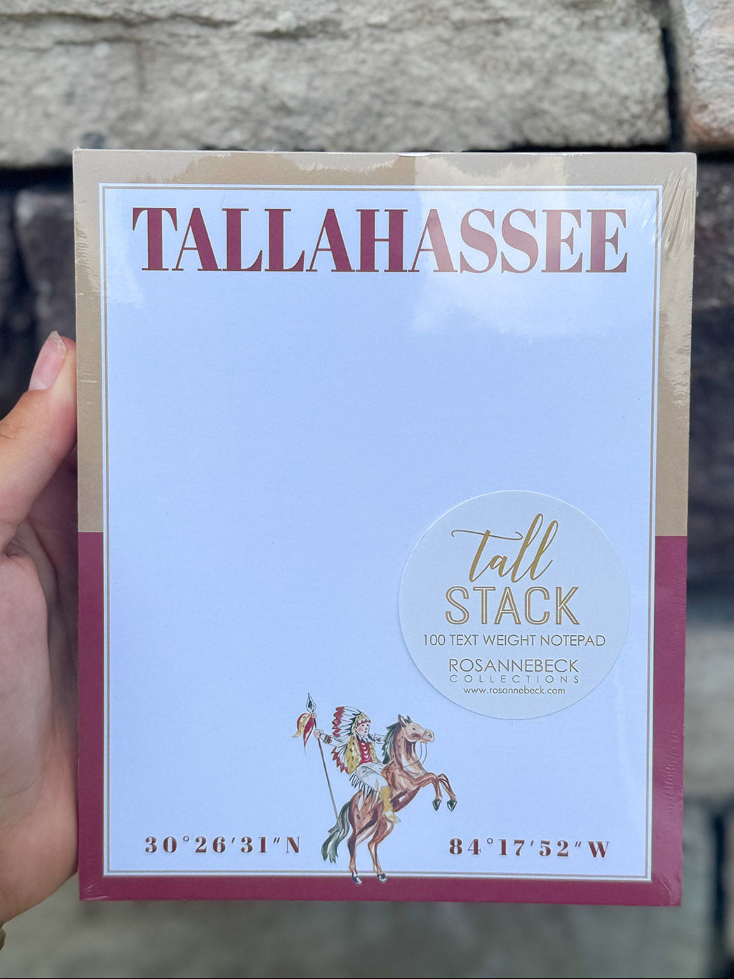 Stacked notepad featuring “Tallahassee” at the top, Renegade and Osceola artwork, garnet and gold border, and stadium coordinates at the bottom.