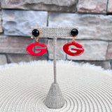 Red Georgia Bulldogs "G" logo drop earrings with black faceted studs and gold-tone hardware.