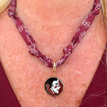 FSU bandana scarf necklace in garnet and gold with gold logo charm