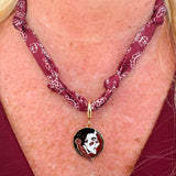 FSU bandana scarf necklace in garnet and gold with gold logo charm