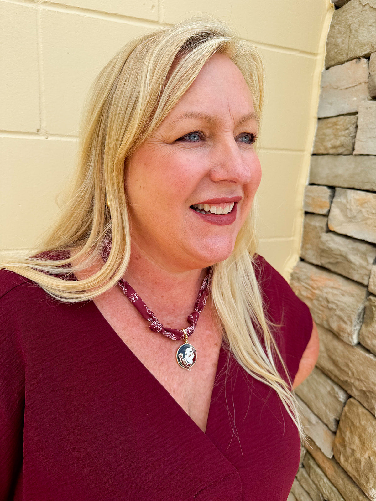 FSU bandana scarf necklace in garnet and gold with gold logo charm