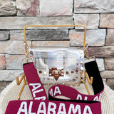 Alabama Crimson Tide hand-beaded bag strap with crimson beading, white "ALABAMA" lettering, and gold swivel clasps for clear stadium bags and handbags.