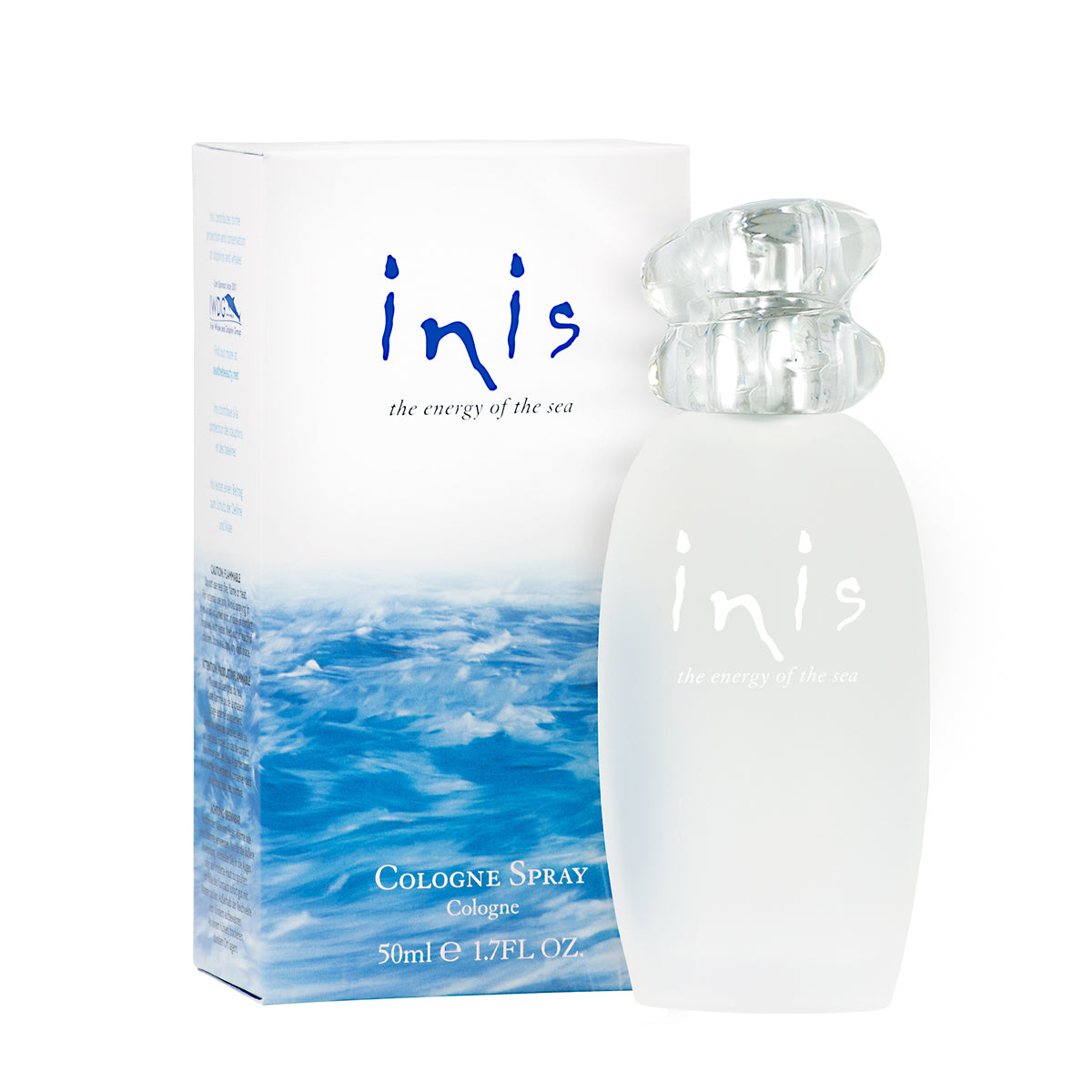 Full-size Inis cologne spray bottle (1.7 oz) with signature ocean-inspired packaging and clean, coastal fragrance appeal.