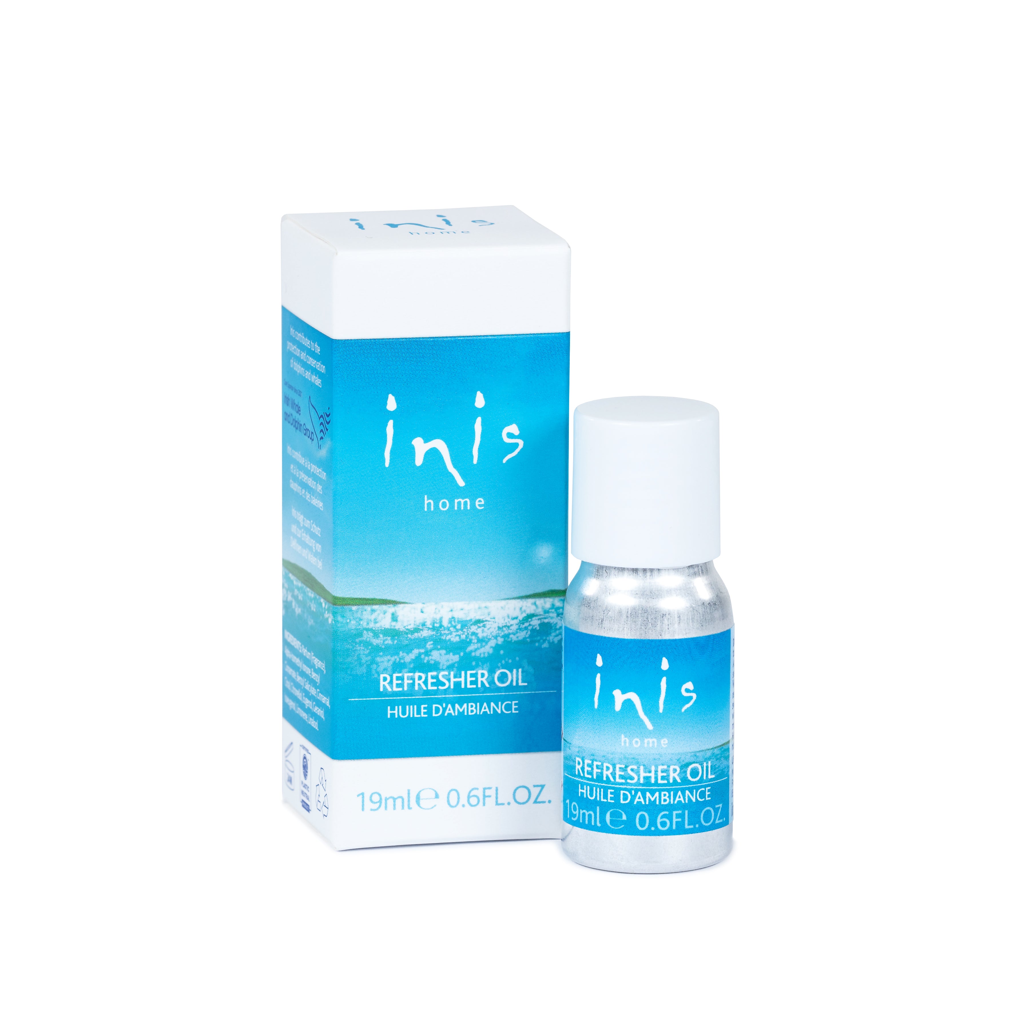 Inis Home Refresher Oil 0.6 fl oz bottle in ocean-inspired blue and white packaging.