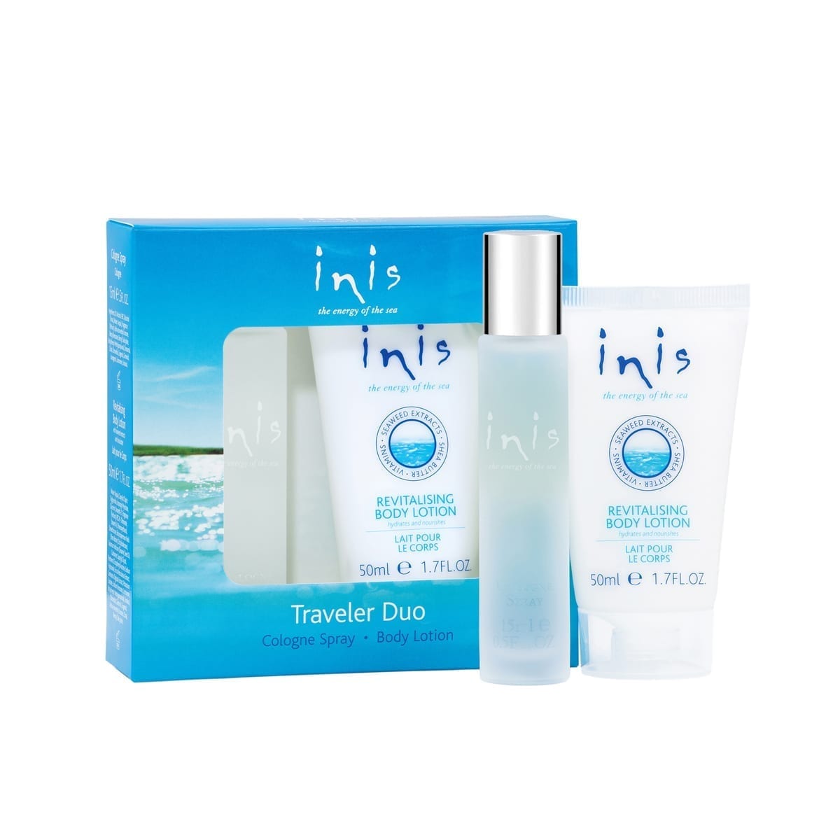 Inis Traveler Duo featuring travel cologne and body lotion in blue and white ocean-inspired packaging.
