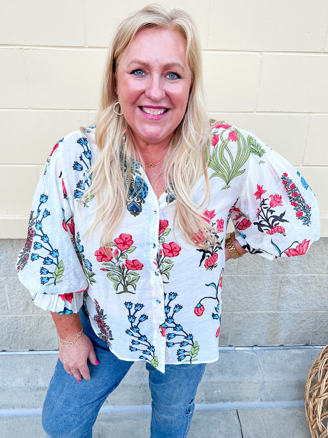Island Glow Balloon Sleeve Button Down Top