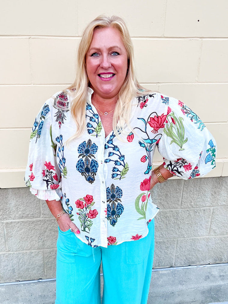Island Glow Balloon Sleeve Button Down Top
