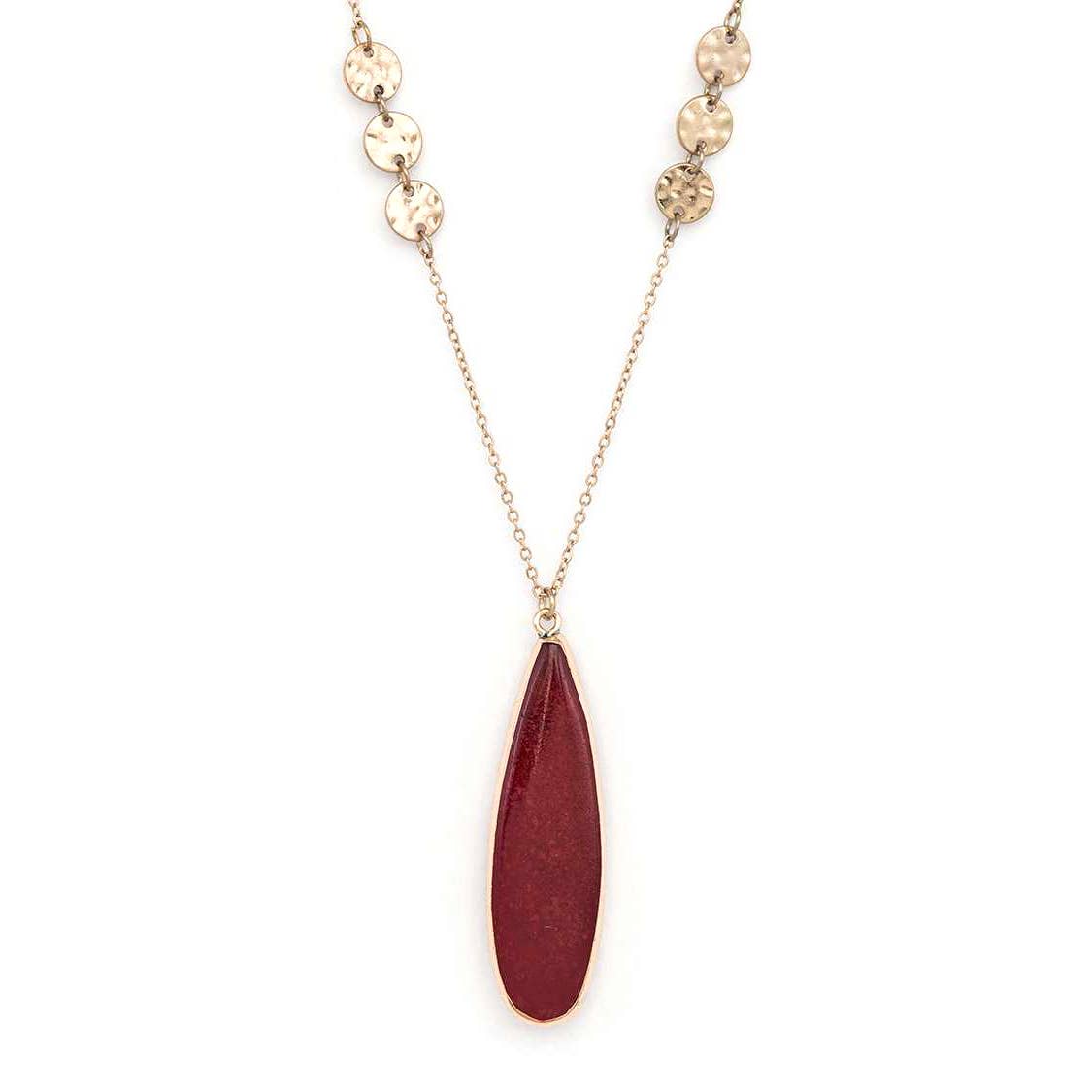  Janine Teardrop Long Pendant Necklace with garnet red stone and hammered gold disk accents on a delicate chain.