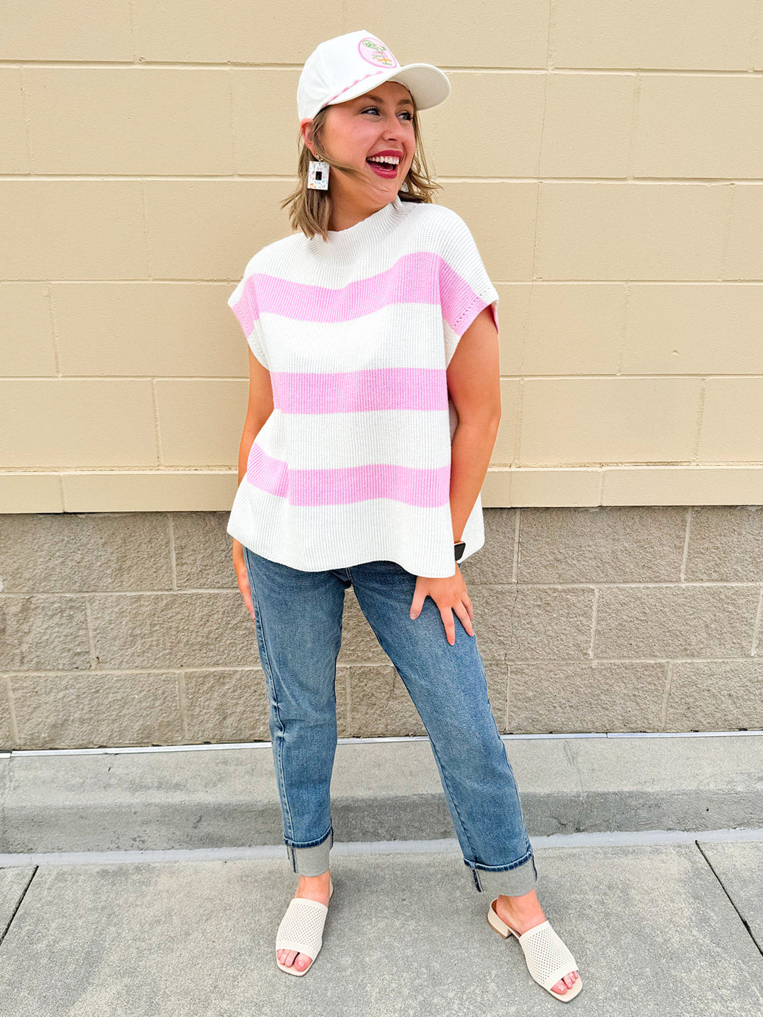 Jet Set Color Blocked Stripe Knit Top featuring pink and off-white stripes, U-neckline, and slay sleeves in a lightweight knit.