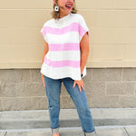 Jet Set Color Blocked Stripe Knit Top featuring pink and off-white stripes, U-neckline, and slay sleeves in a lightweight knit.