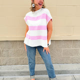 Jet Set Color Blocked Stripe Knit Top featuring pink and off-white stripes, U-neckline, and slay sleeves in a lightweight knit.