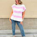 Jet Set Color Blocked Stripe Knit Top featuring pink and off-white stripes, U-neckline, and slay sleeves in a lightweight knit.