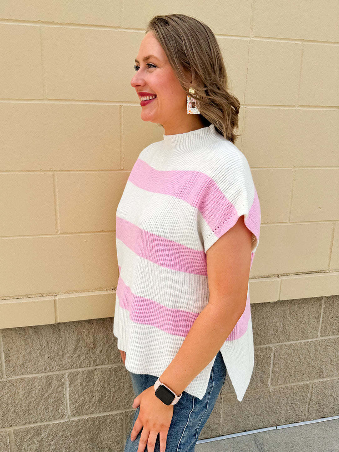 Jet Set Color Blocked Stripe Knit Top featuring pink and off-white stripes, U-neckline, and slay sleeves in a lightweight knit.