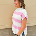 Jet Set Color Blocked Stripe Knit Top featuring pink and off-white stripes, U-neckline, and slay sleeves in a lightweight knit.
