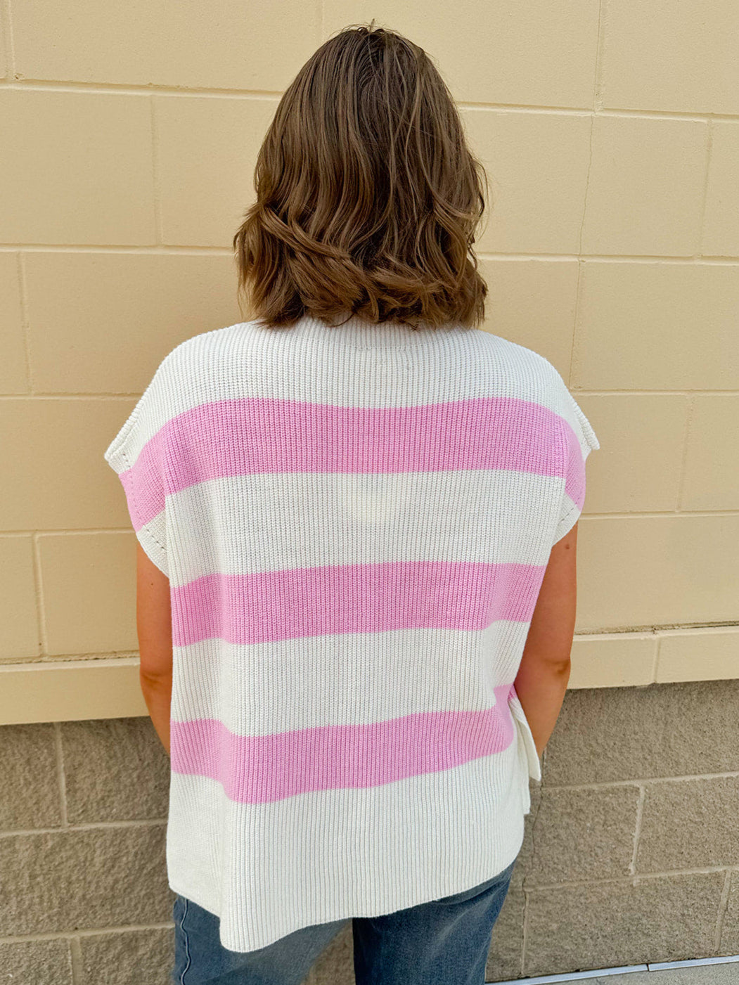 Jet Set Color Blocked Stripe Knit Top featuring pink and off-white stripes, U-neckline, and slay sleeves in a lightweight knit.