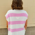 Jet Set Color Blocked Stripe Knit Top featuring pink and off-white stripes, U-neckline, and slay sleeves in a lightweight knit.
